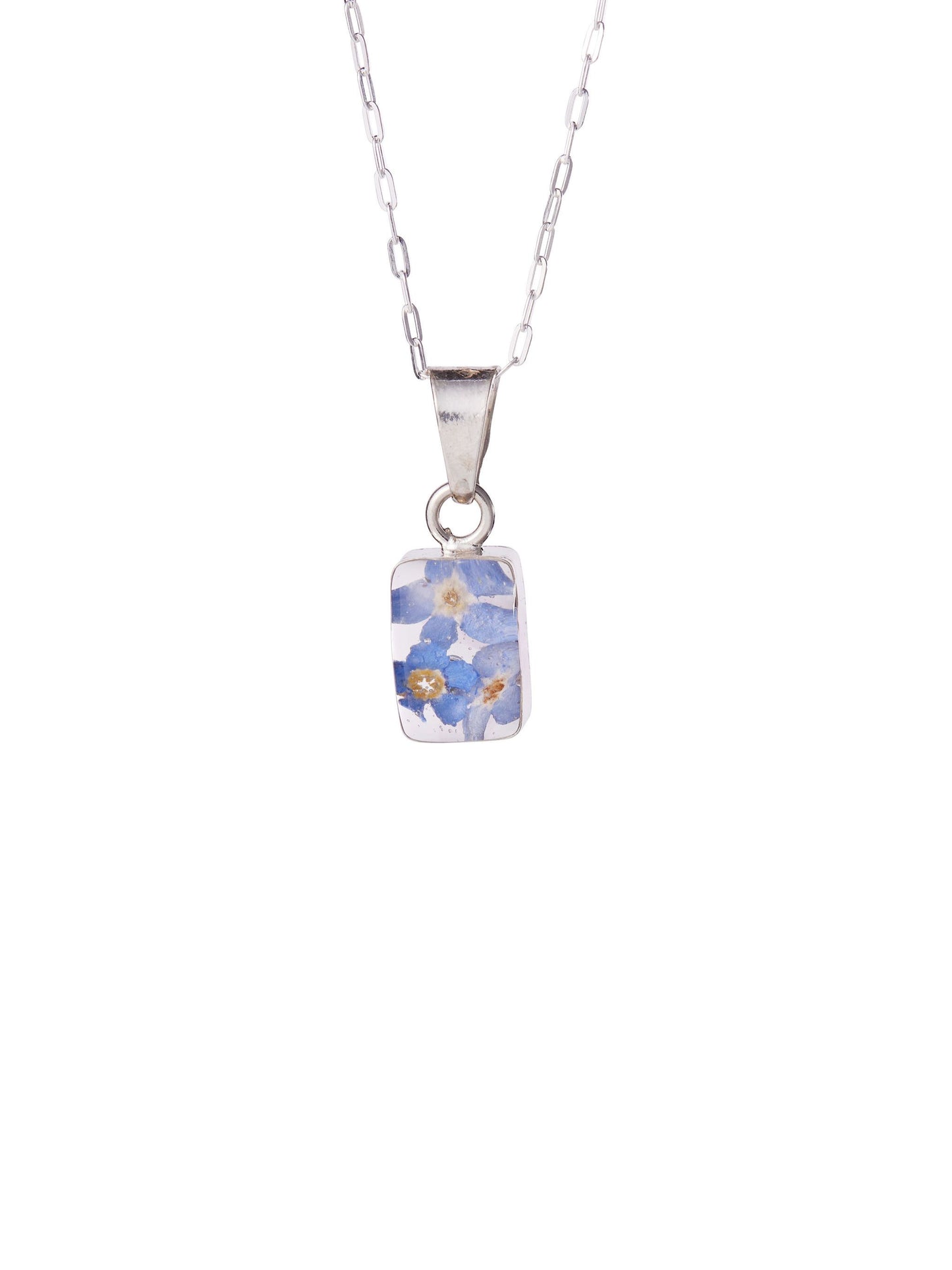 A sterling silver necklace with a small rectangular pendant containing real forget me not flowers, suspended on a chain.