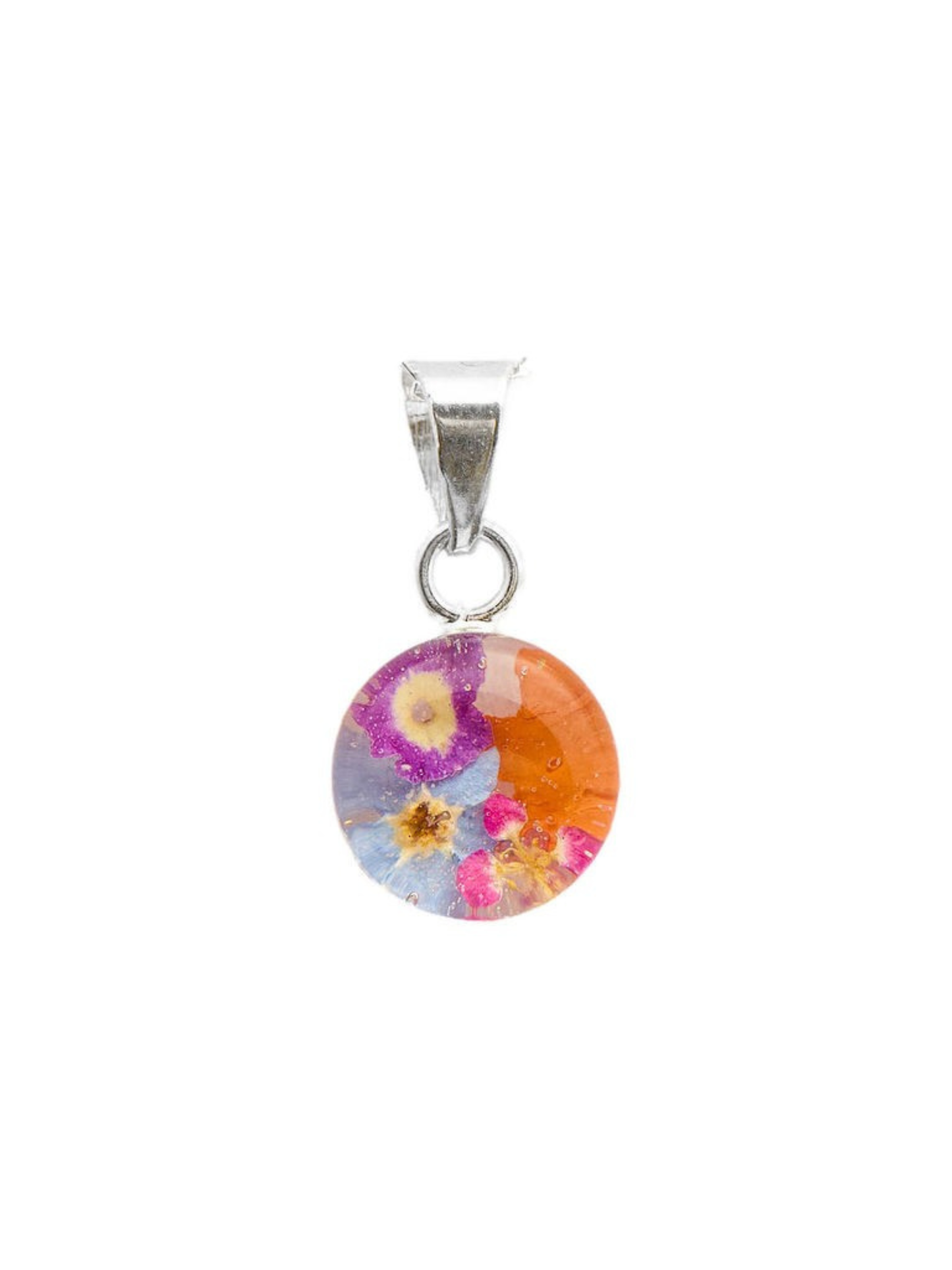 Round multicolored pendant with floral design on a white background