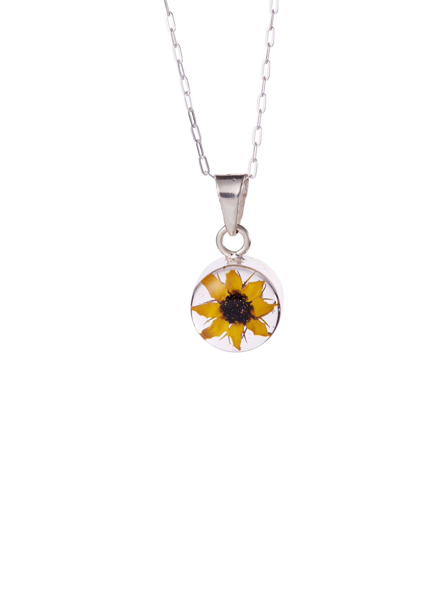 A sterling silver necklace with a small, round pendant featuring a preserved real sunflower, suspended on a chain.