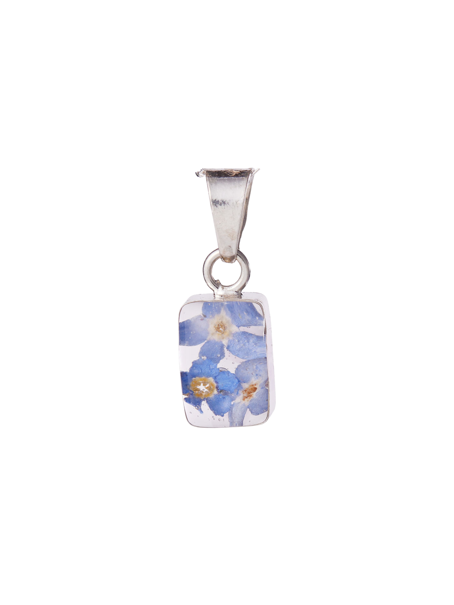 Silver pendant with a rectangular panel featuring blue flowers on a white background