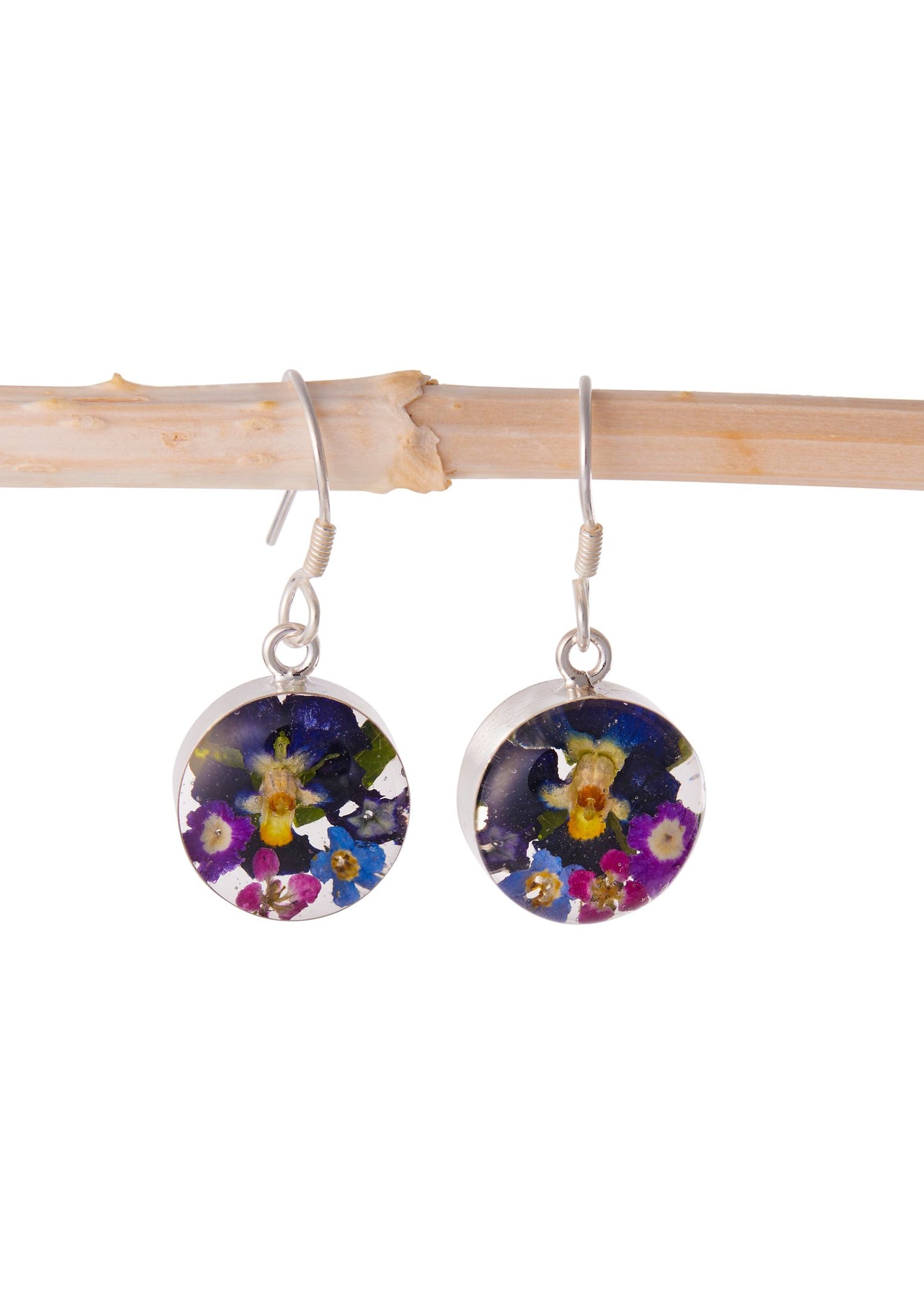 Round Earrings Forget Me Not and Pansy Flowers