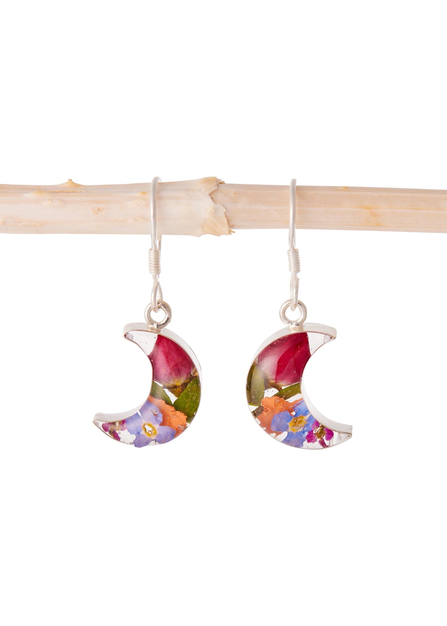Crescent Moon Earrings with Mixed and Rosebud Flowers