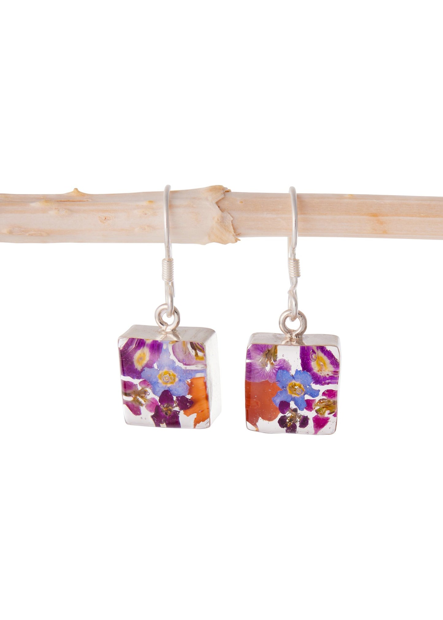 Square Earrings with Real Mixed Wildflower