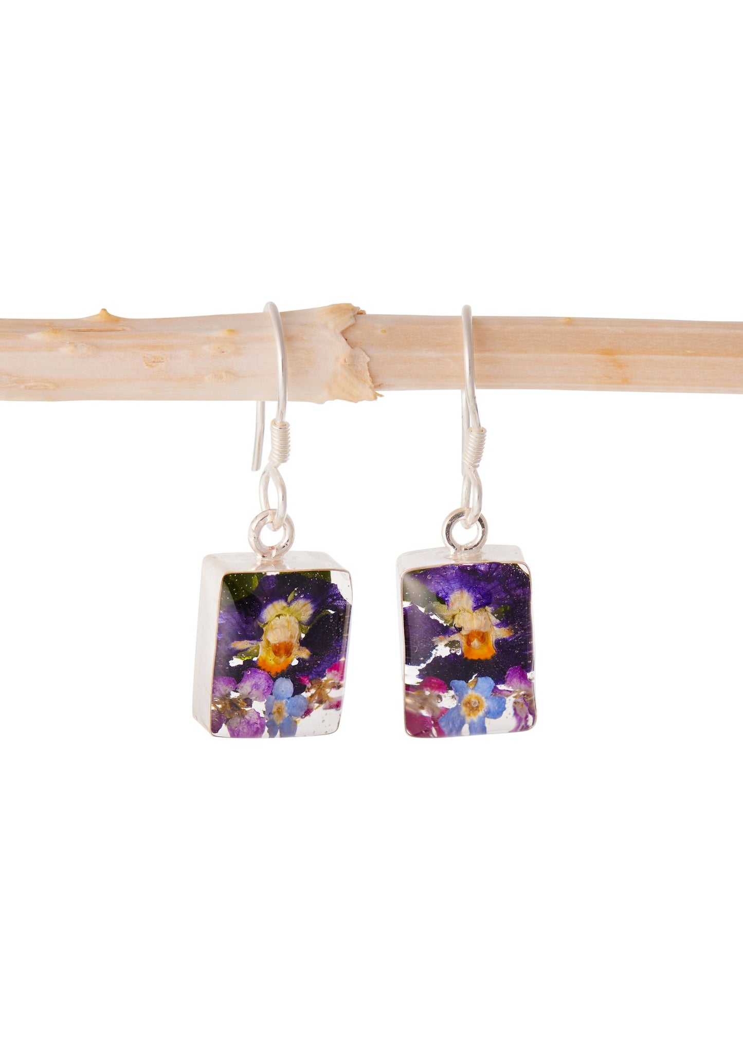 Rectangle Earrings with Pansy and Forget Me Not Earrings