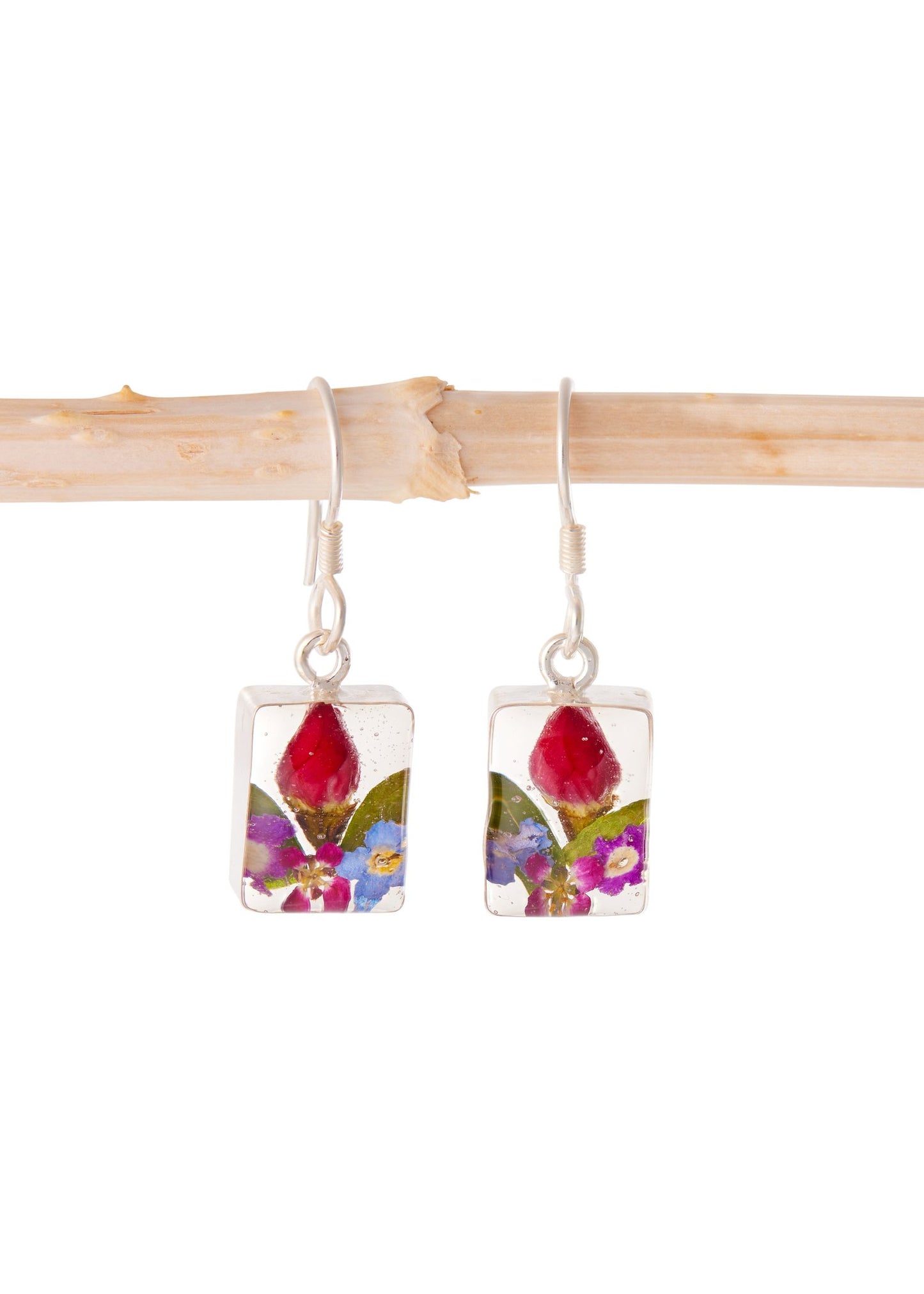 Rectangle Earrings with Rosebud and Mixed Flower