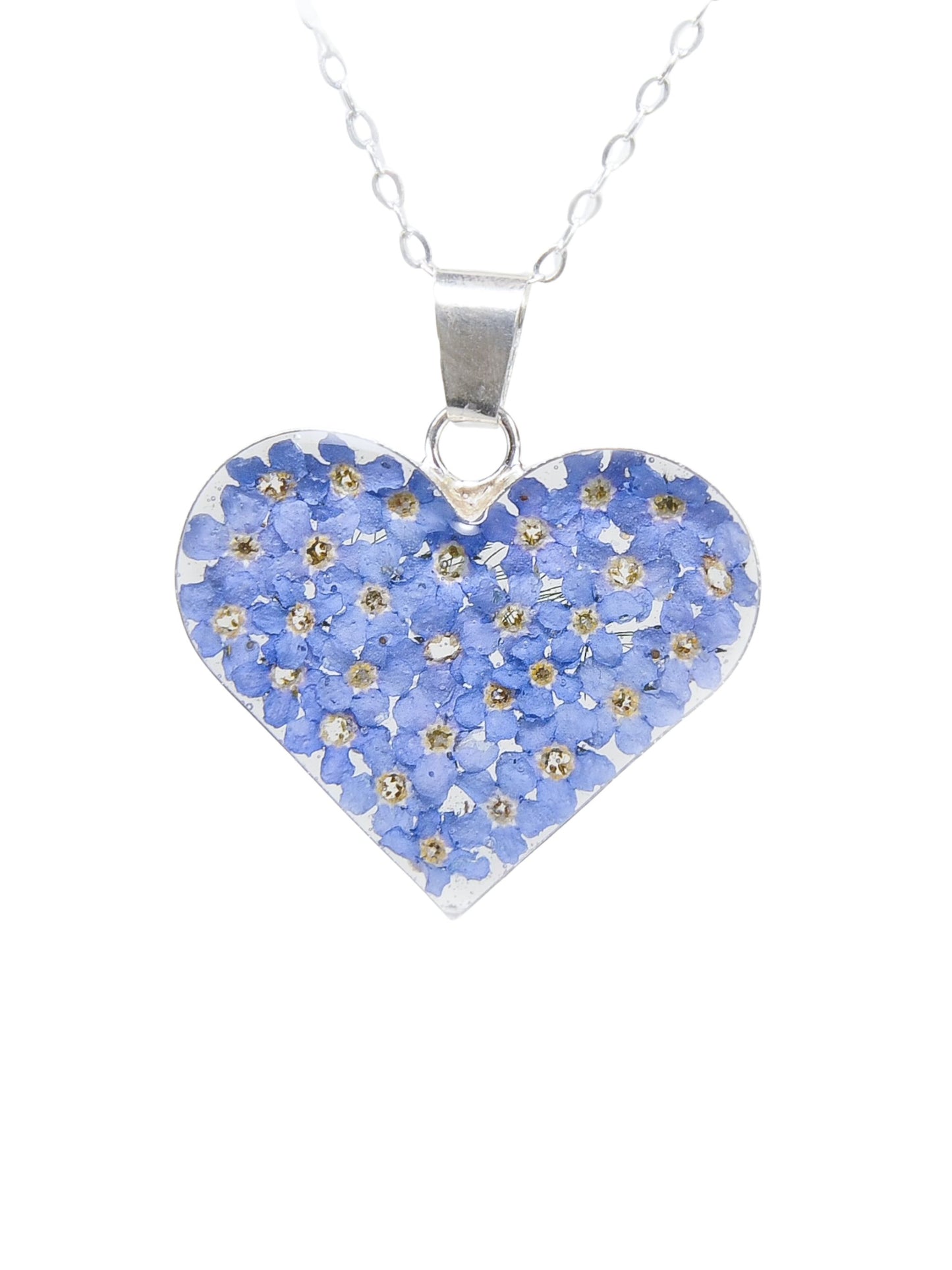 A sterling silver heart-shaped pendant necklace with a pattern of blue forget me not flowers filling the pendant's surface, displayed against a white background.
