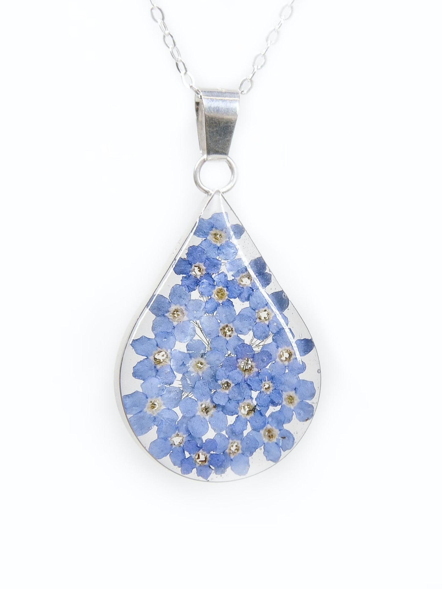 Large Teardrop Necklace Forget Me Not Flower