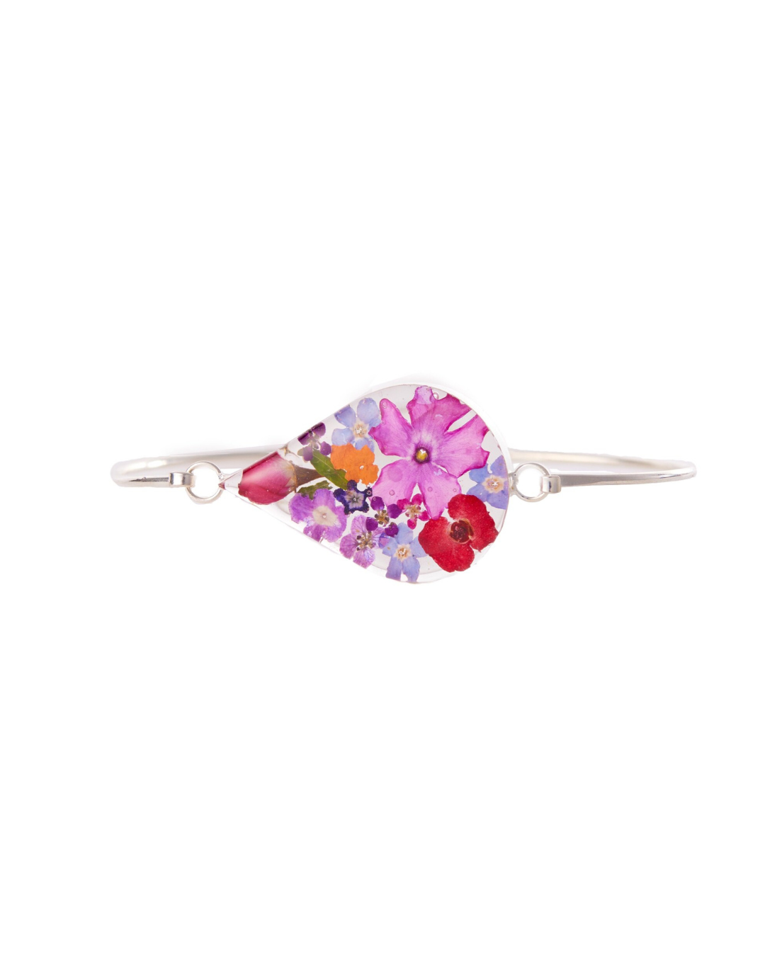 A sterling silver teardrop bangle bracelet featuring a medallion of real mixed flowers, with a focus on pink and purple flowers.