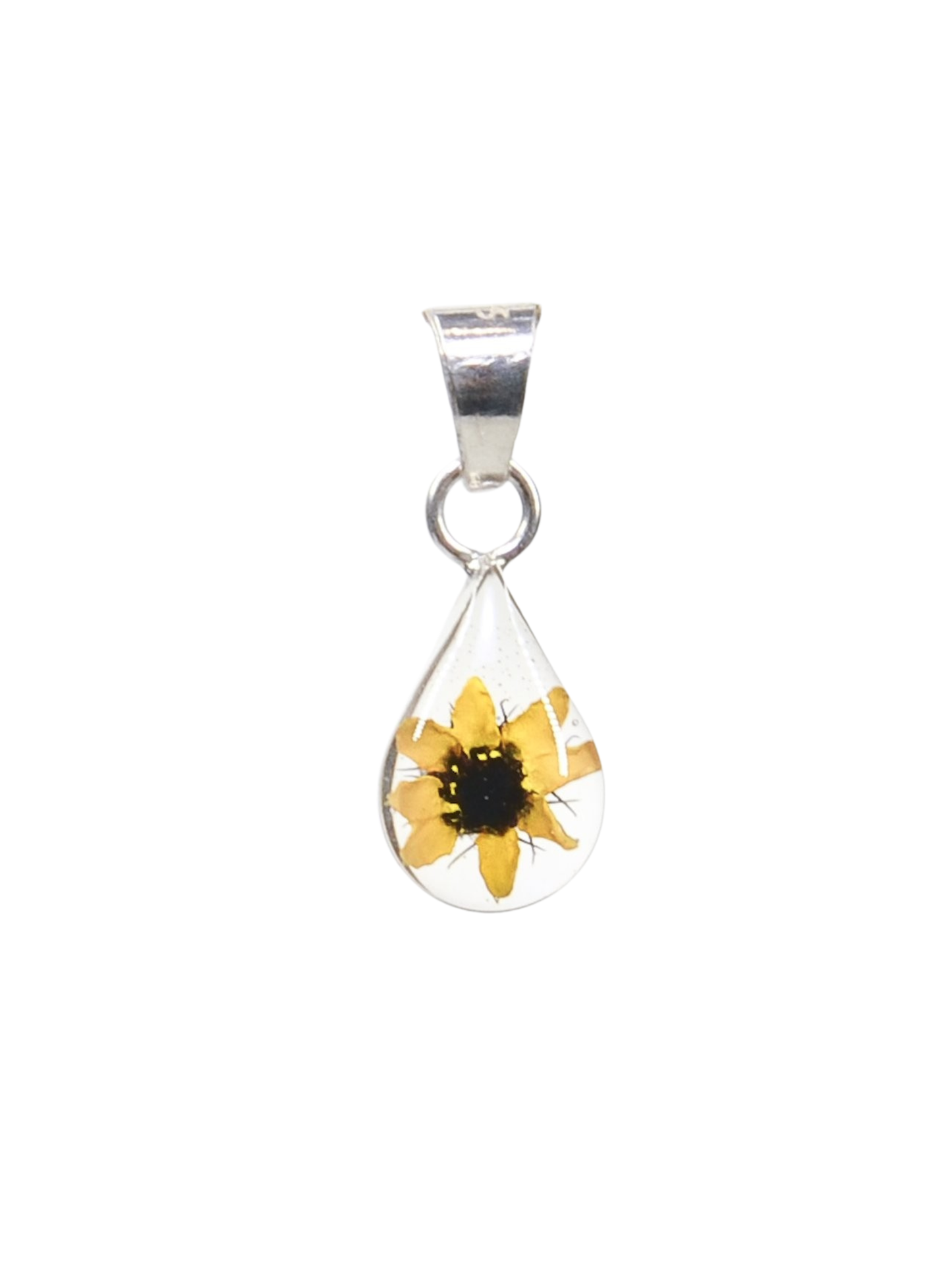 Teardrop-shaped pendant with a sunflower inside on a white background