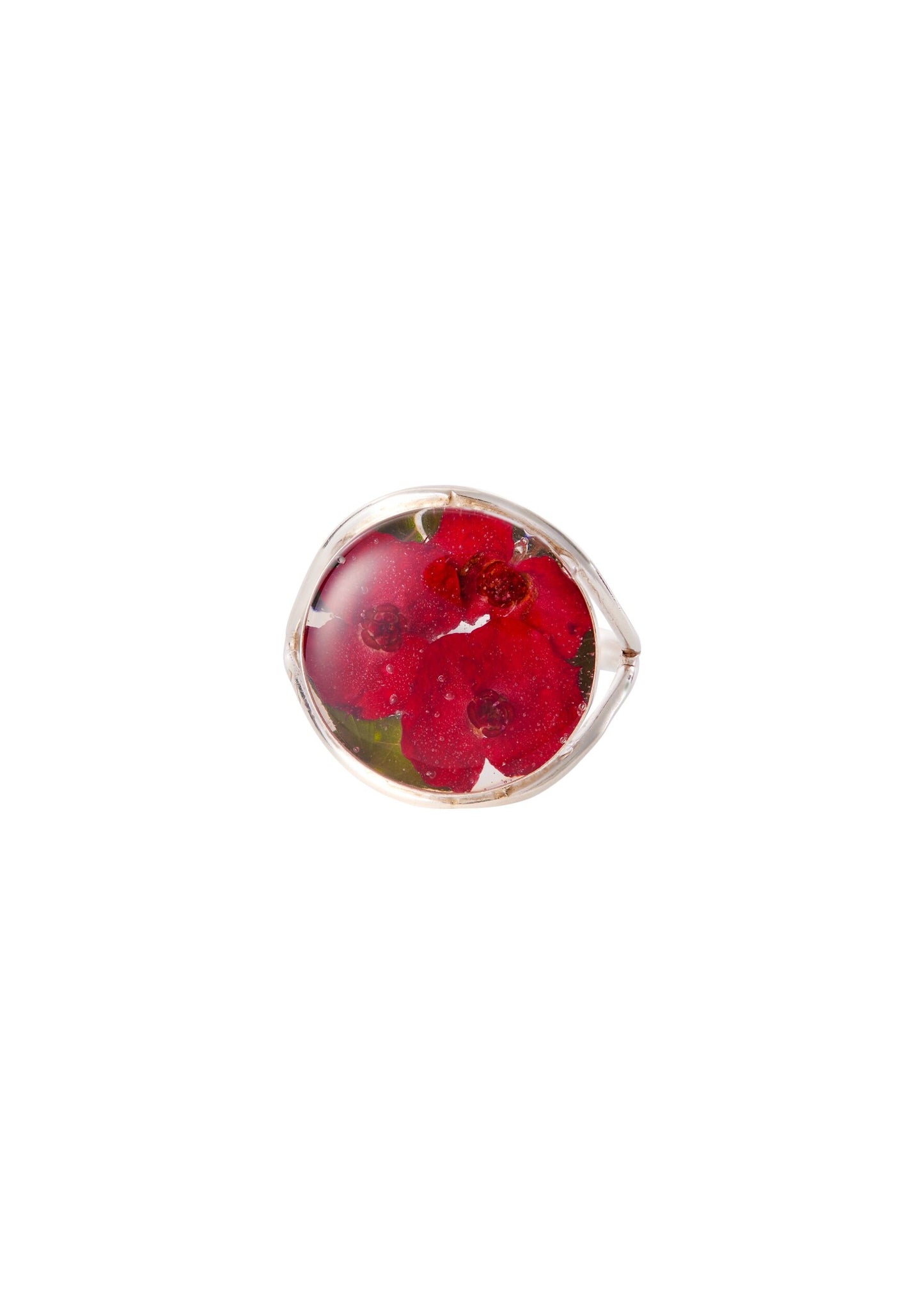 A Sterling Silver round ring with a medallion of red flowers, resembling a crown of thorns, set in the center.