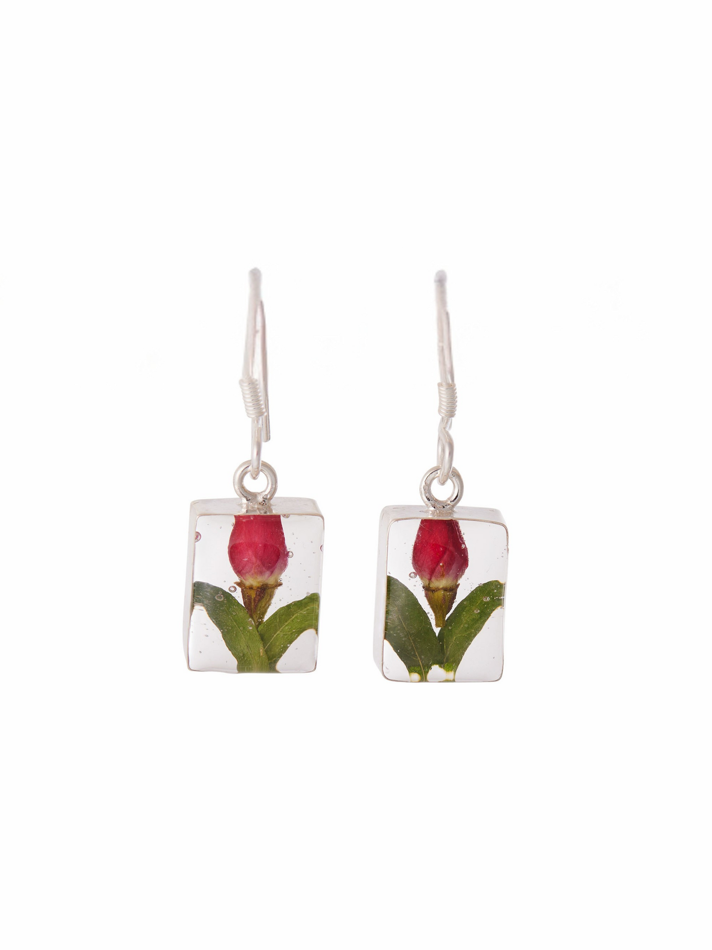 Rectangle Earrings with Real Rosebud Flowers