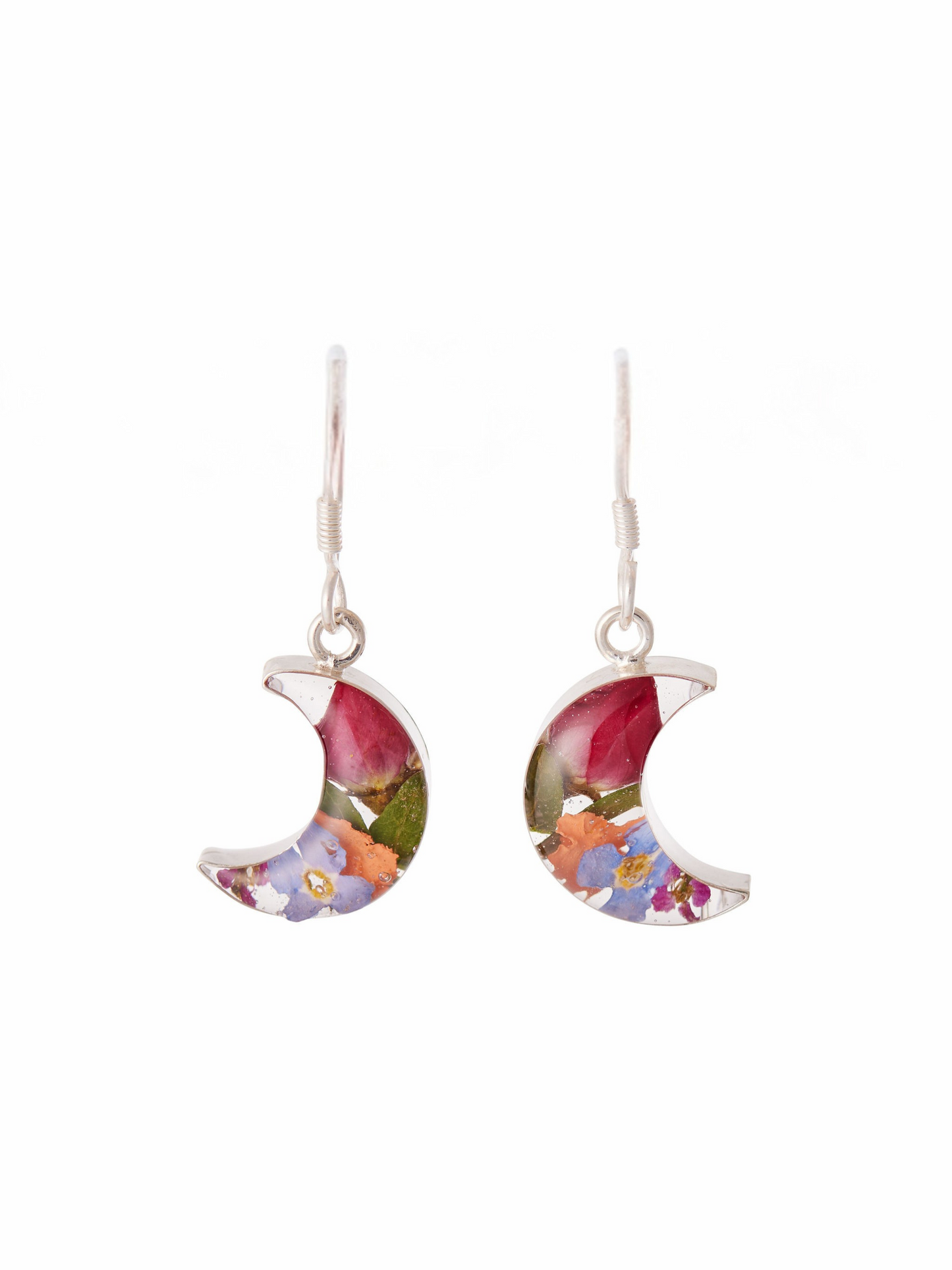 Crescent Moon Earrings with Mixed and Rosebud Flowers