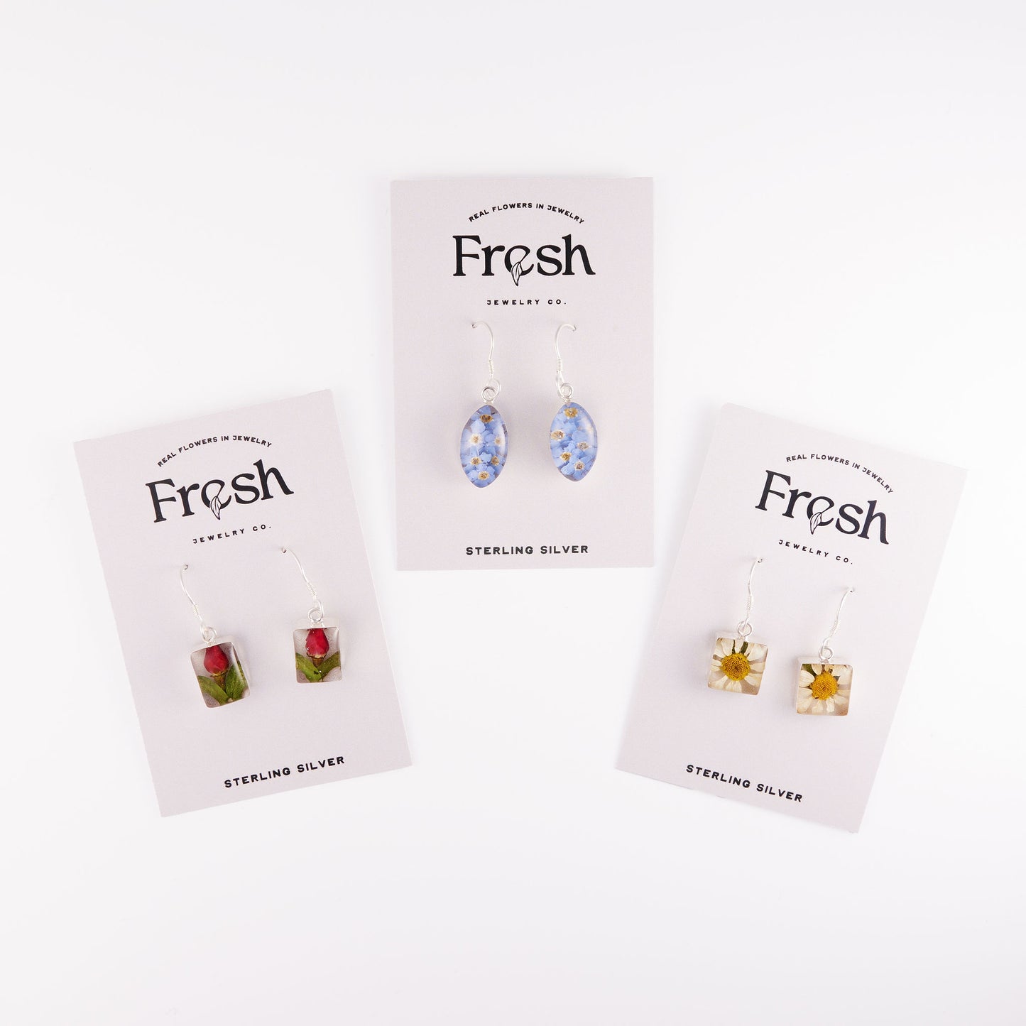 Rectangle Earrings with Real Rosebud Flowers