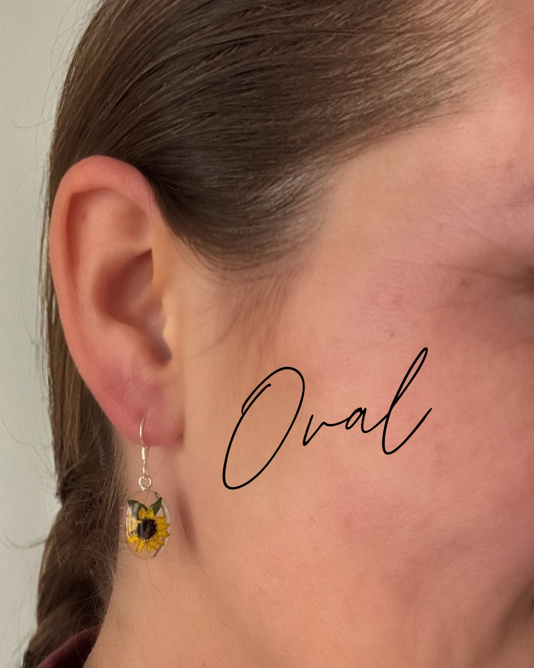 Oval Earrings with Real Sunflower