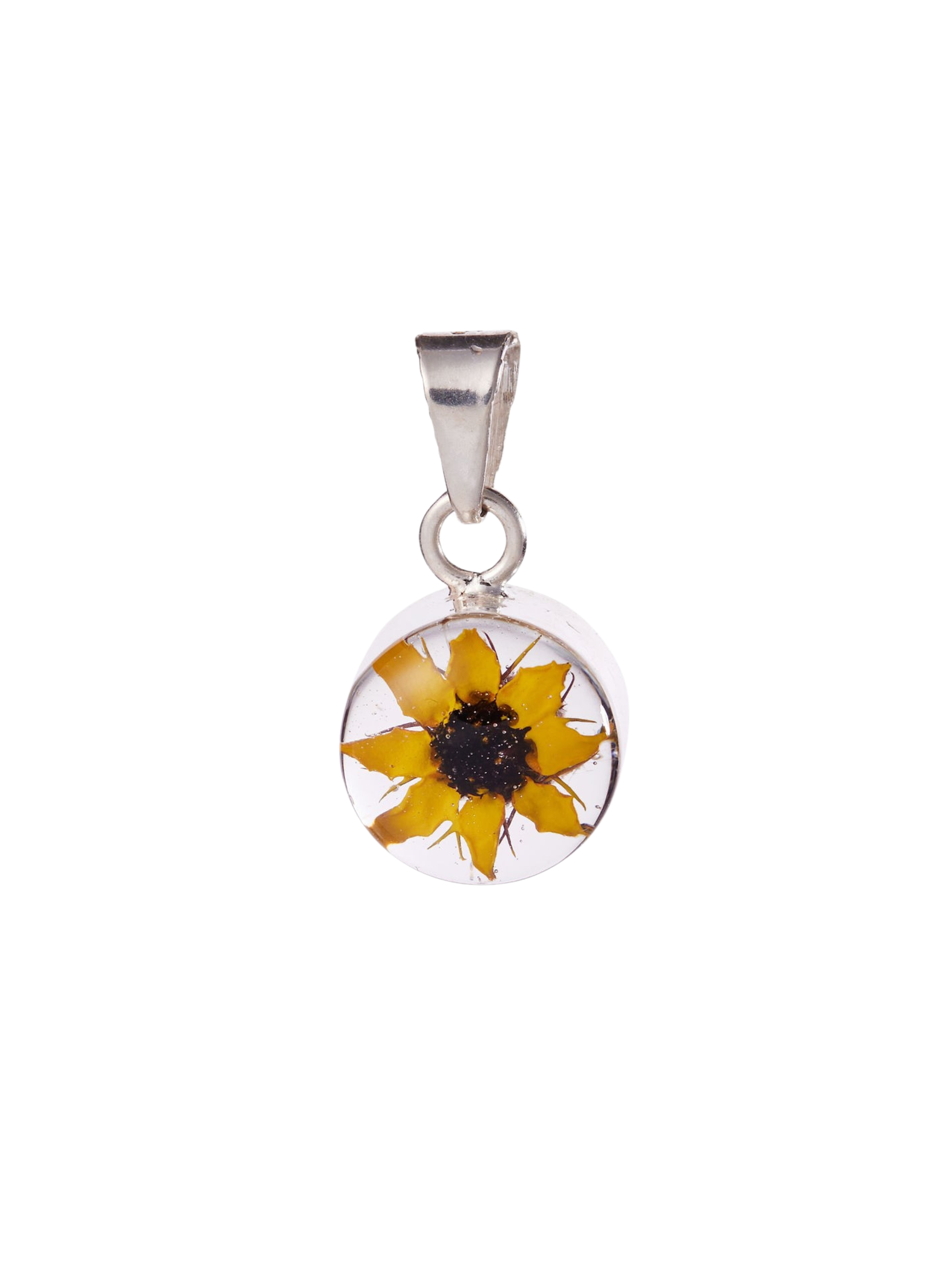 Silver pendant with a yellow flower inset on a white background
