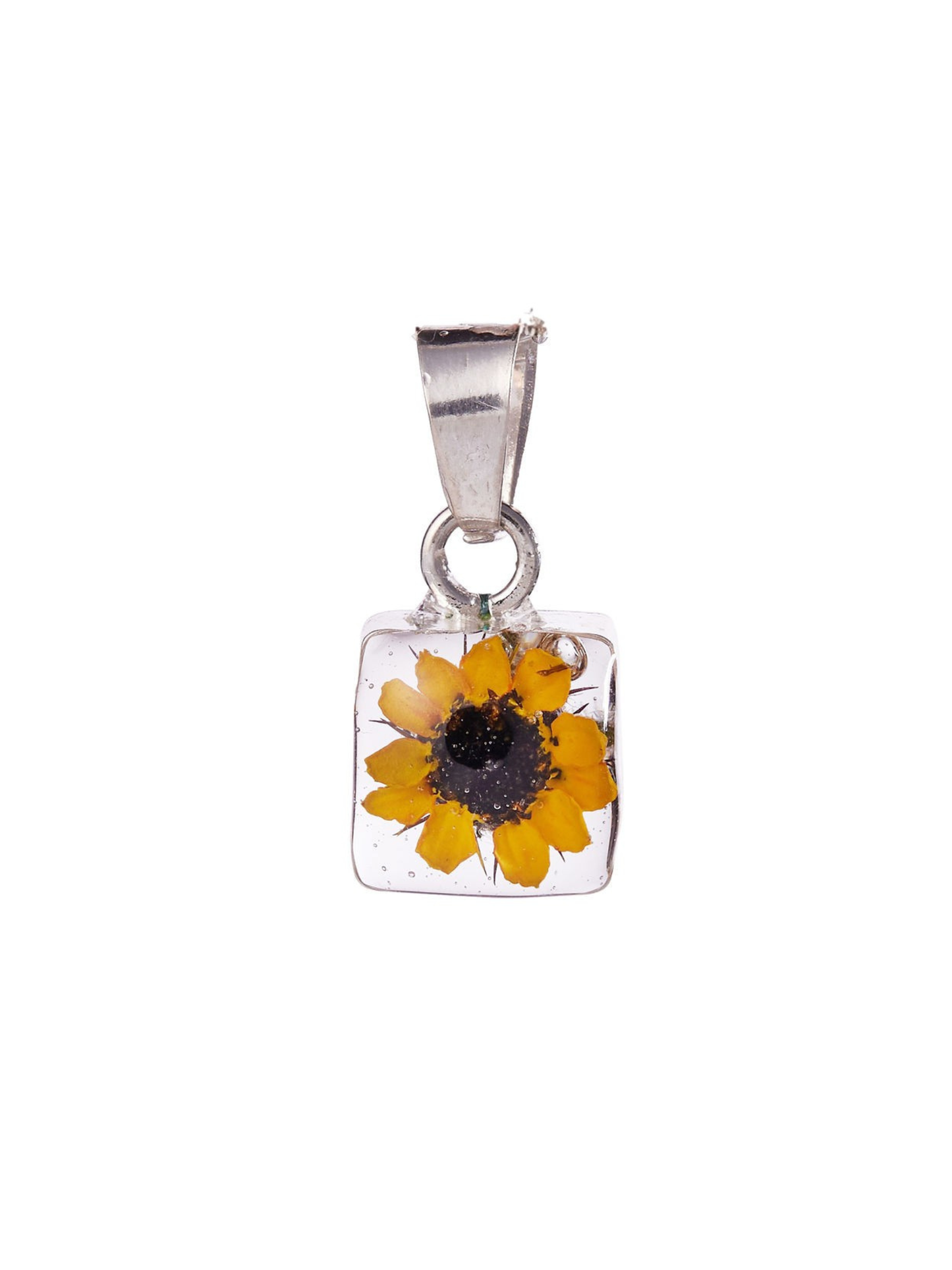 Silver pendant with a square clear case containing a pressed yellow flower on a white background