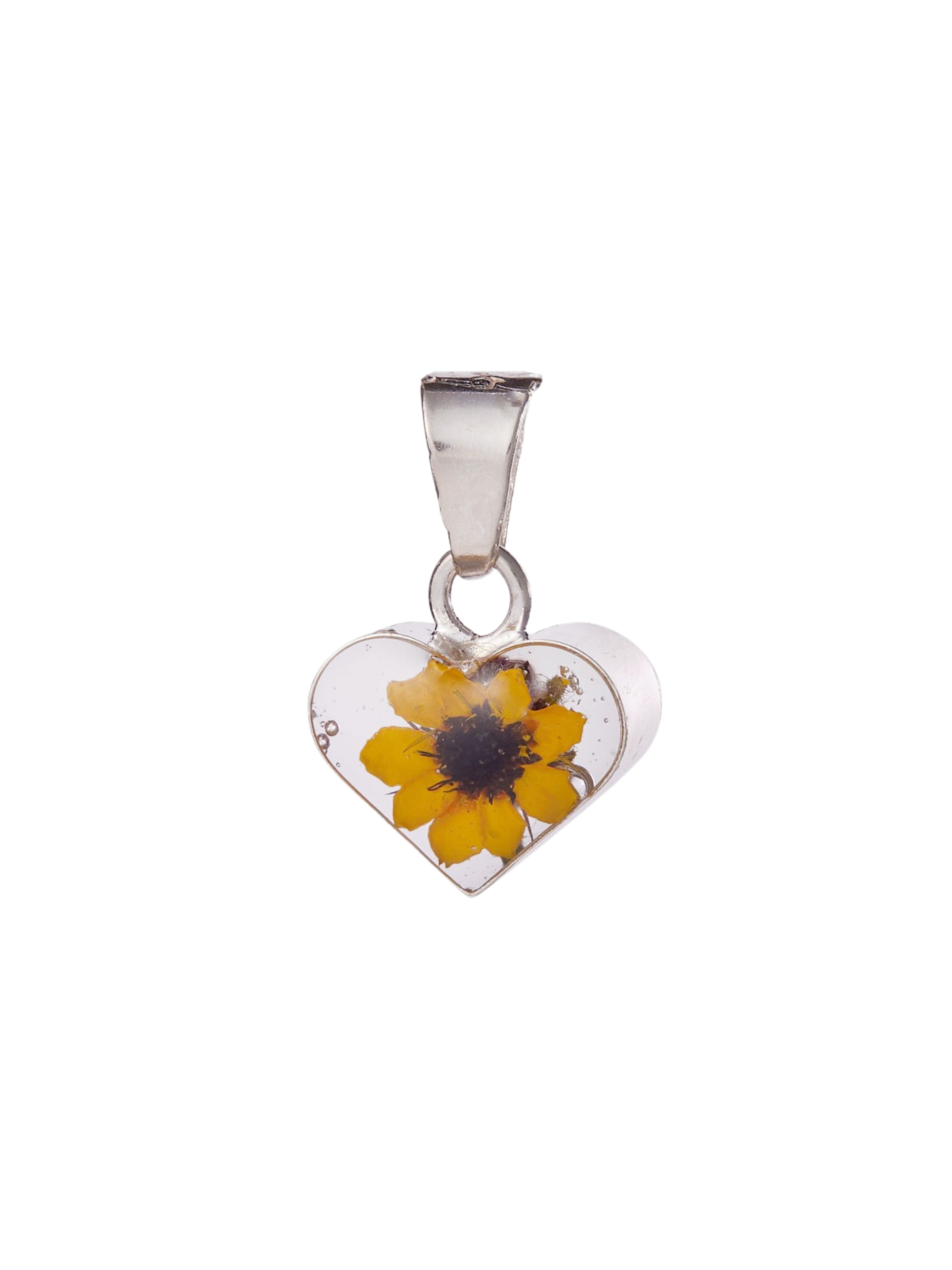 Heart-shaped pendant with a yellow flower on a white background