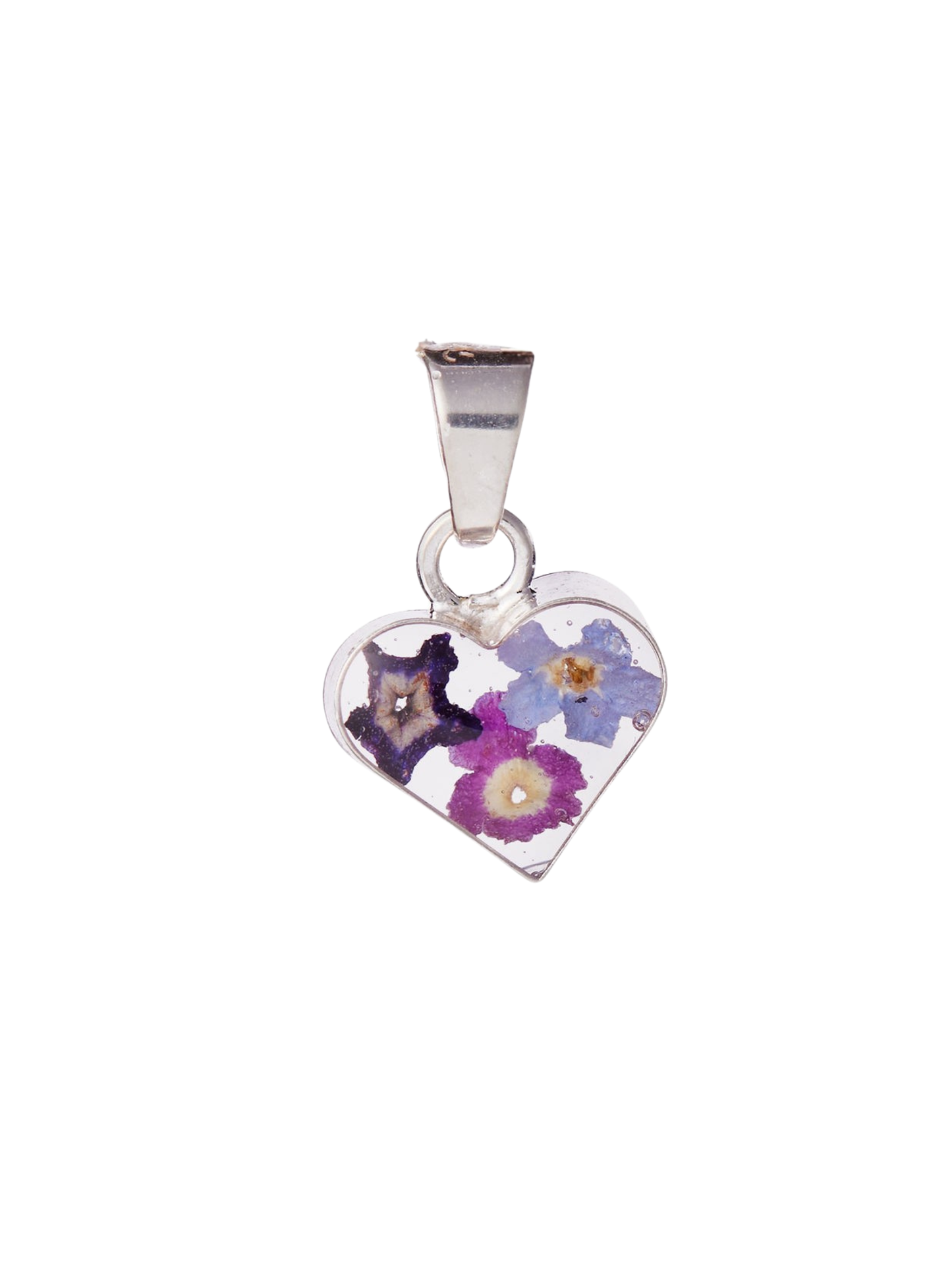 Heart-shaped pendant with embedded flowers on a white background