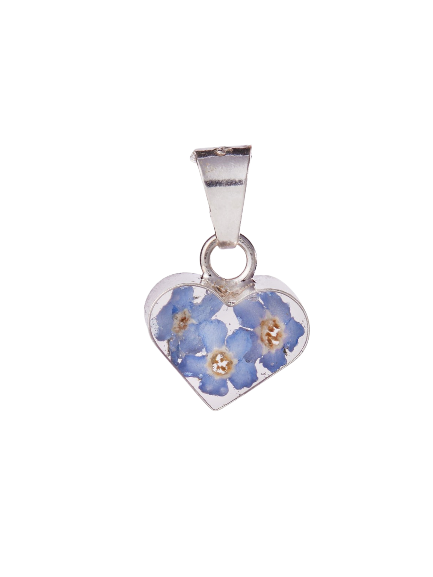 Heart-shaped silver pendant with embedded blue flowers on a white background