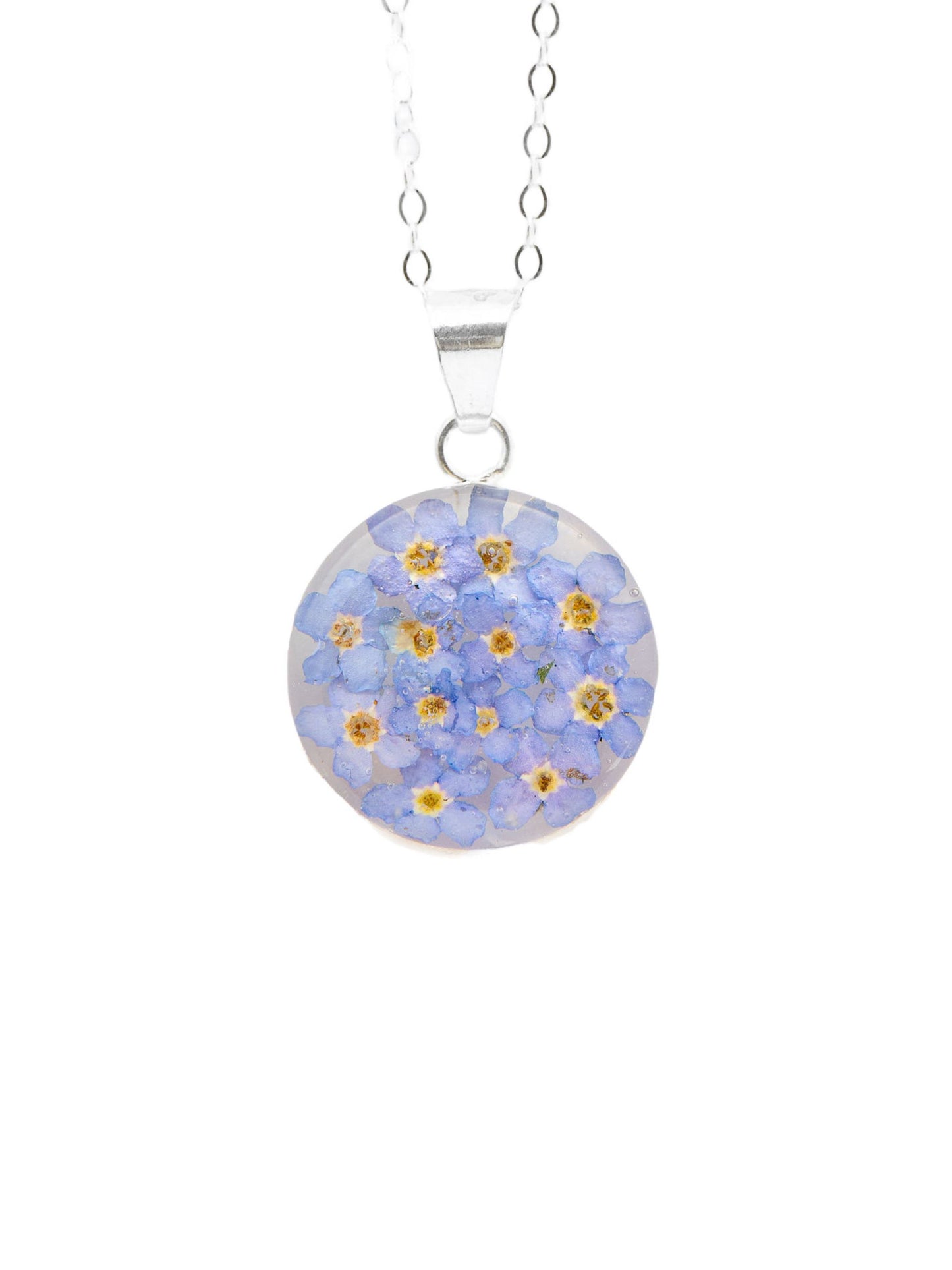 Small Round Necklace Forget Me Not Flowers