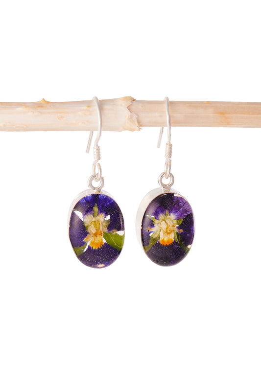 Oval Earrings Pansy Flower