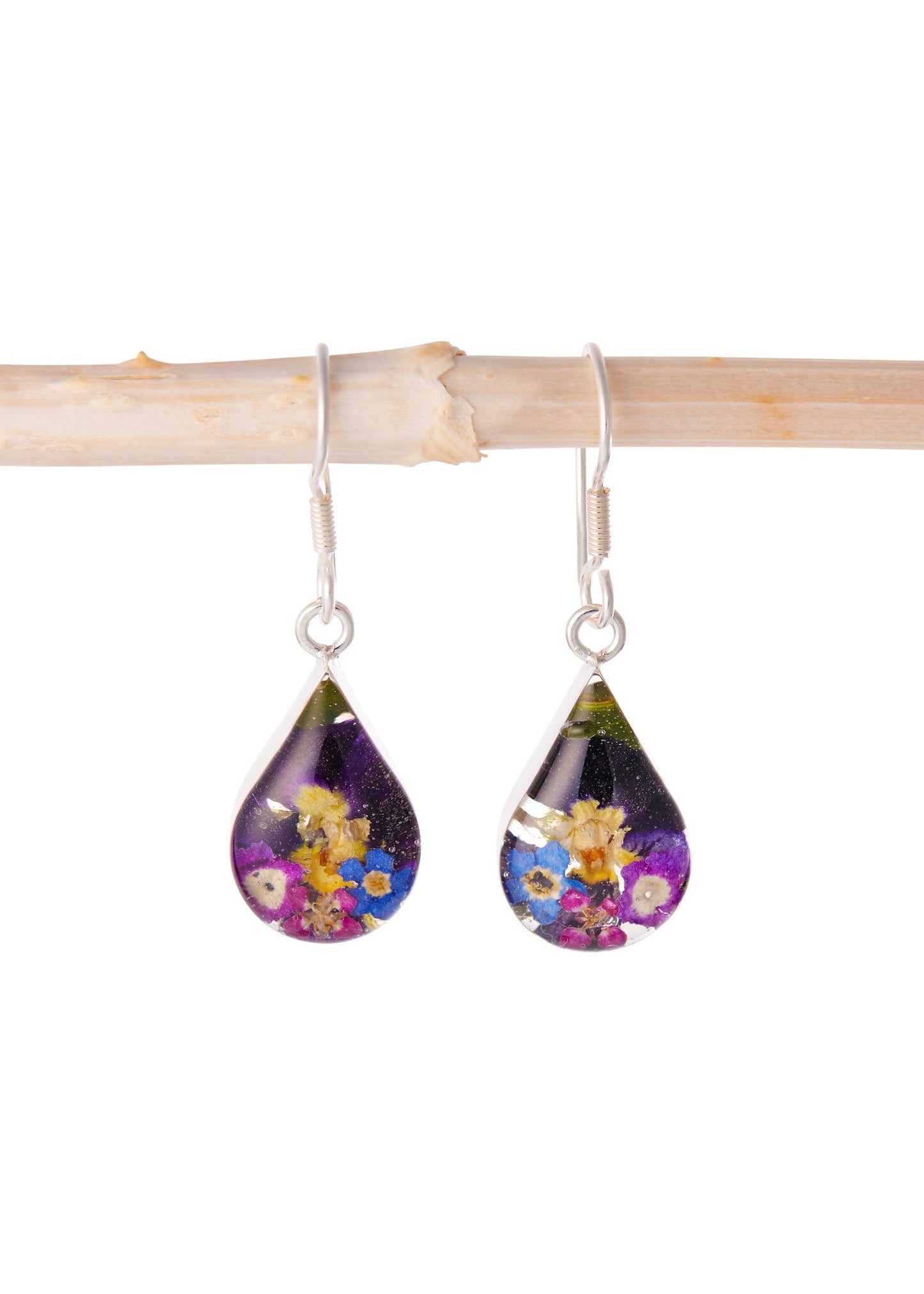 Teardrop Earrings Pansy and Forget Me Not Flowers