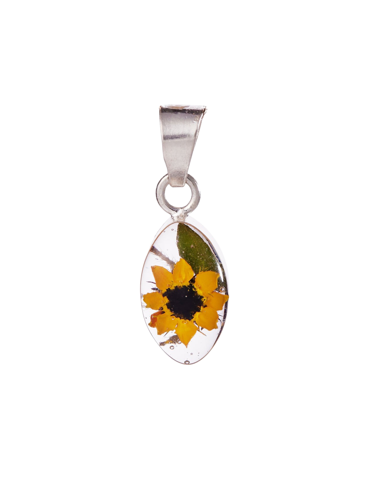 Silver pendant with a sunflower design on a white background