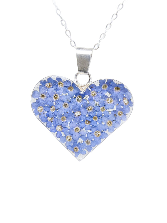 Large Heart Necklace Forget Me Not Flower