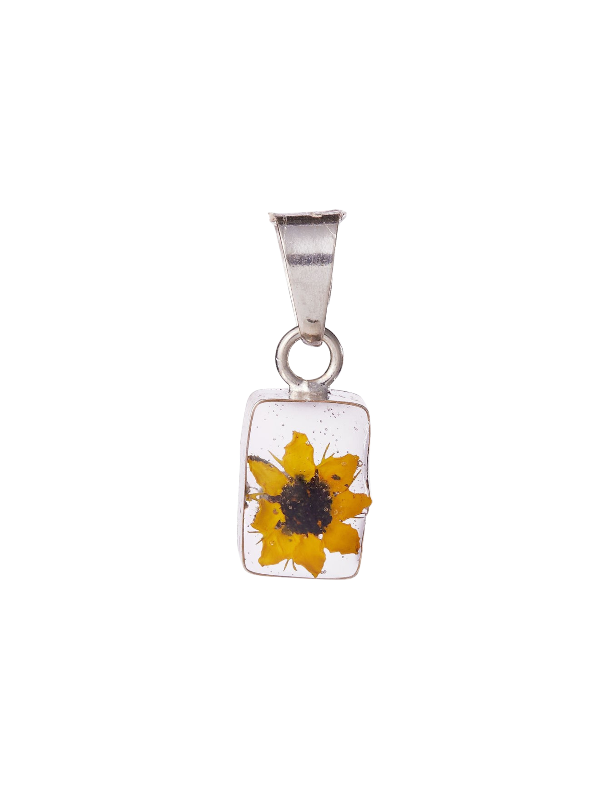 Silver pendant with a sunflower design on a white background