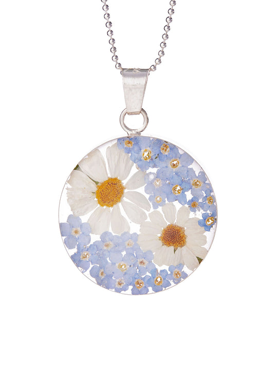 Large Round Necklace Daisy and Forget Me Not Flowers