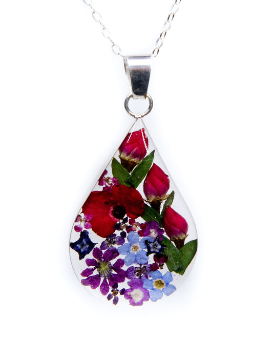 Large Teardrop Necklace Mixed Flower and Rosebuds