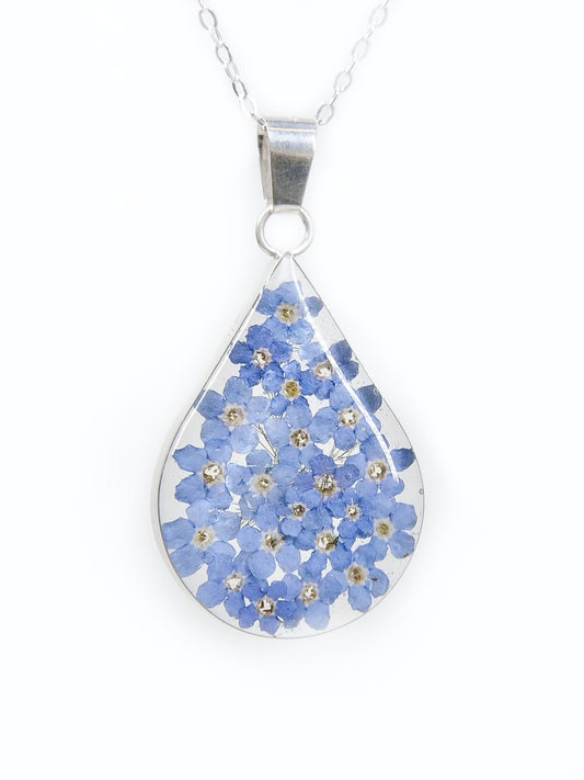 Large Teardrop Necklace Forget Me Not Flower