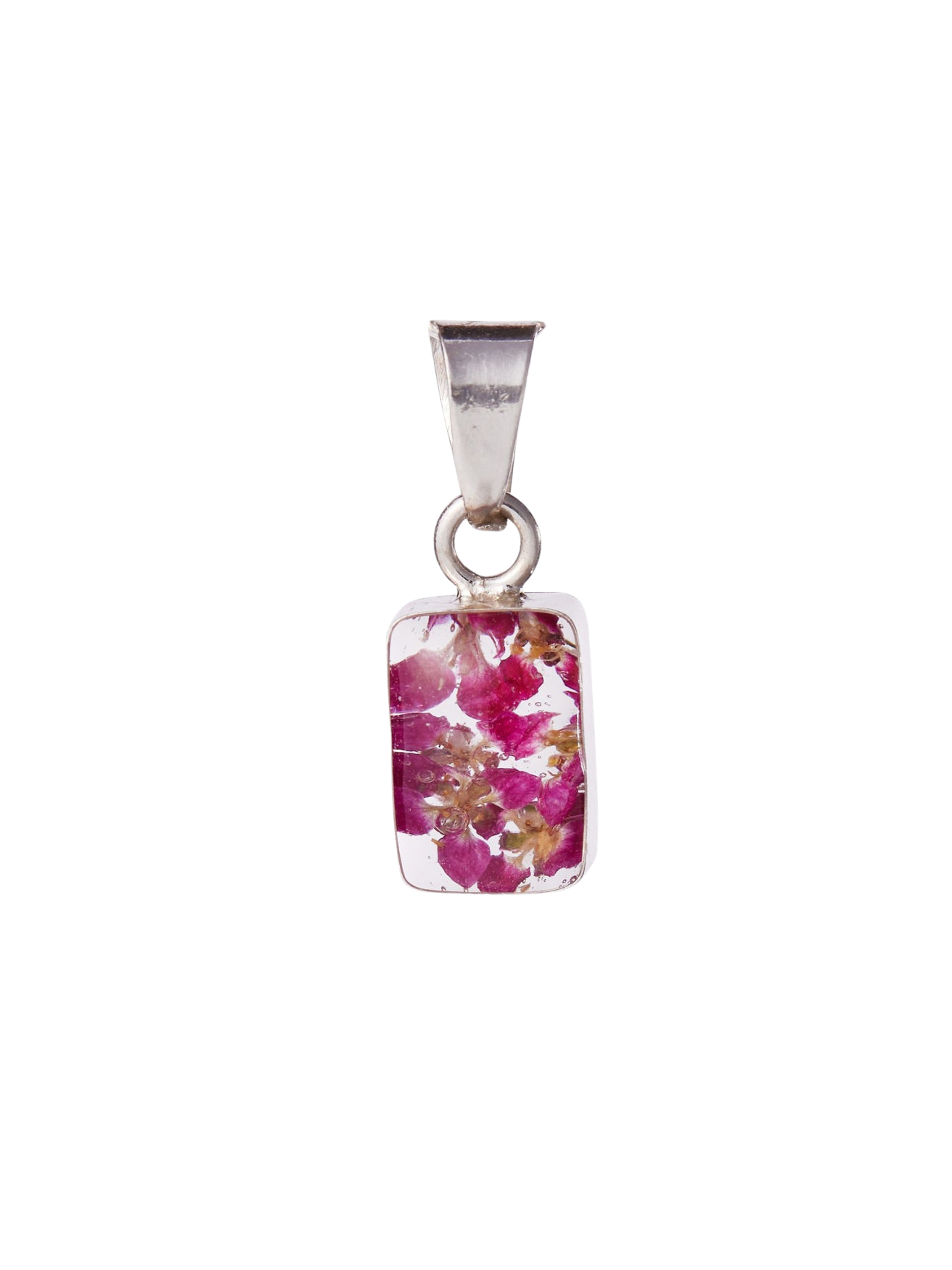 Silver pendant with a rectangular pink floral design on a white background