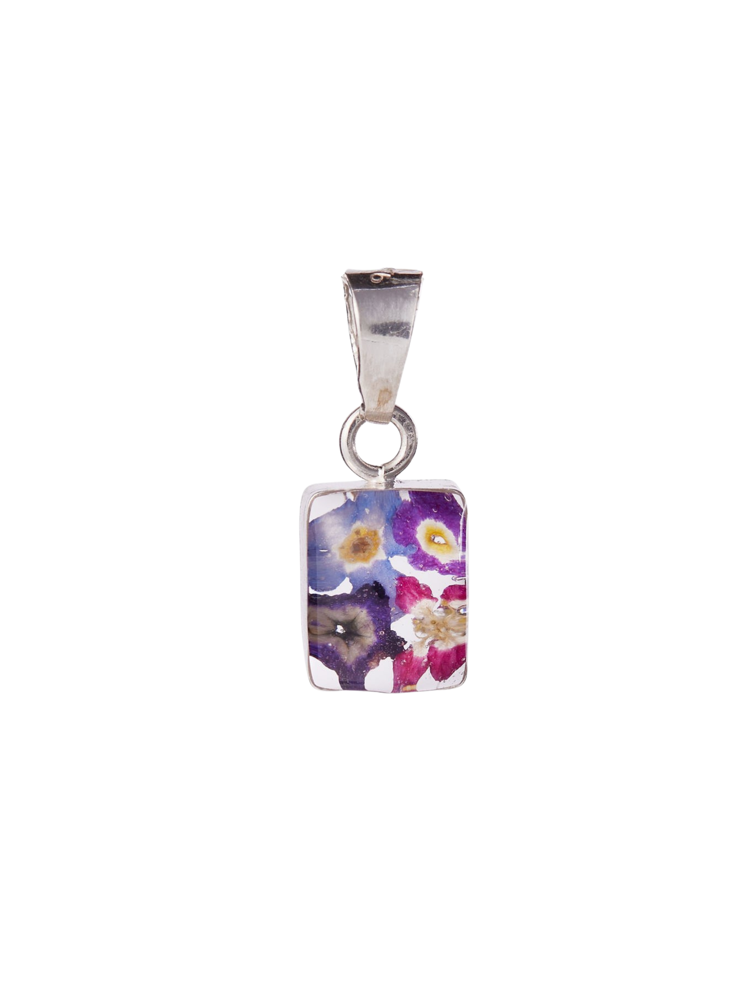 Silver pendant with a rectangular clear resin display case containing colorful flowers on a white background