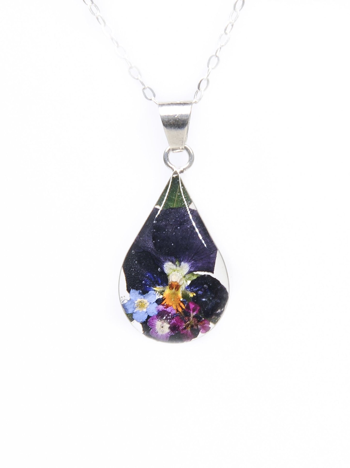 Small Teardrop Necklace Pansy and Mixed Flower