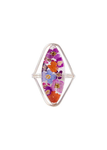 A Sterling Silver Marquise Ring with a medallion of mixed wildflowers set in the center.