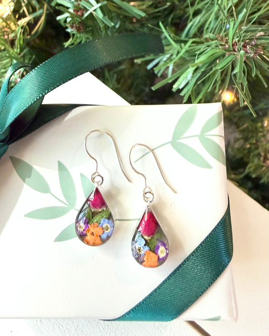 Teardrop Earrings with Orange Mixed Flowers with Rosebud