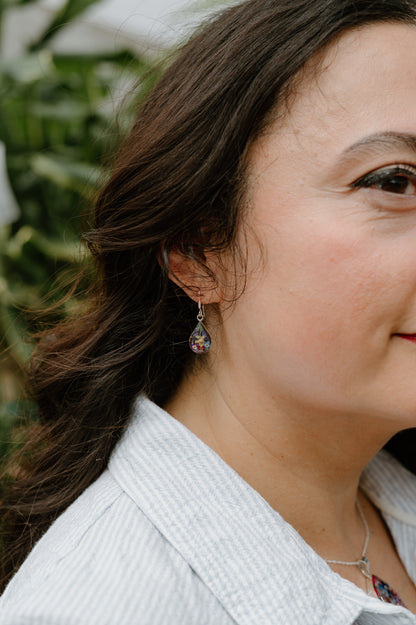 Teardrop Earrings with Pansy and Forget Me Not Flowers