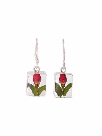 Rectangle Earrings with Real Rosebud Flowers