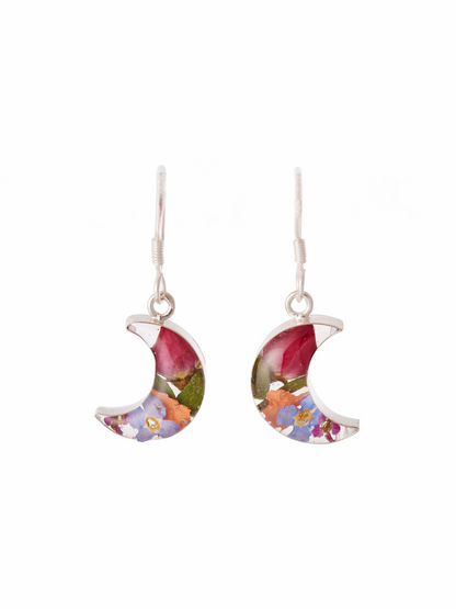 Crescent Moon Earrings with Mixed and Rosebud Flowers
