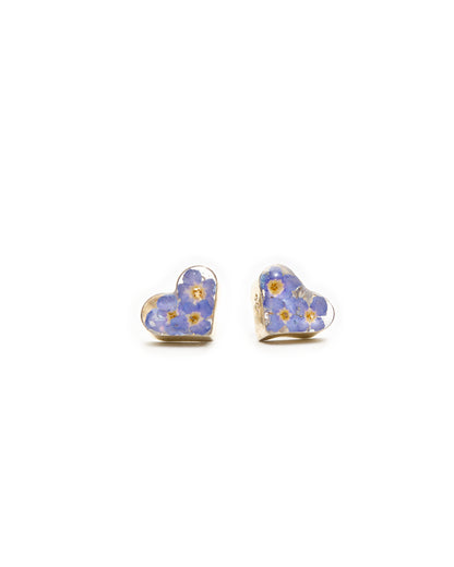 Heart Post Earrings with Forget-Me-Not Flowers