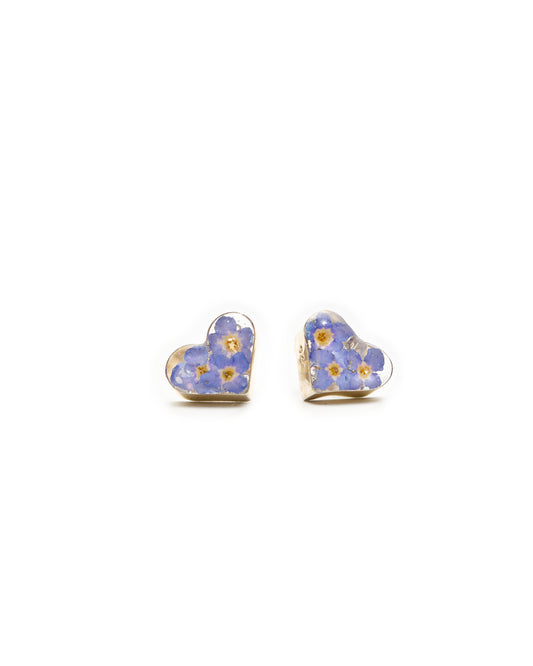 Heart Post Earrings with Forget-Me-Not Flowers