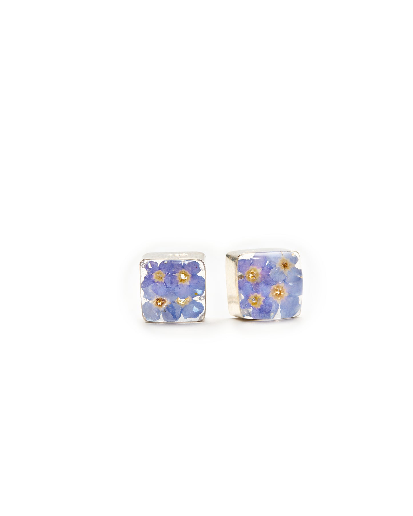 Square Post Earrings - Sterling Silver with Resin & Forget-Me-Not Flowers