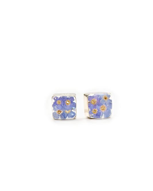Square Post Earrings - Sterling Silver with Resin & Forget-Me-Not Flowers