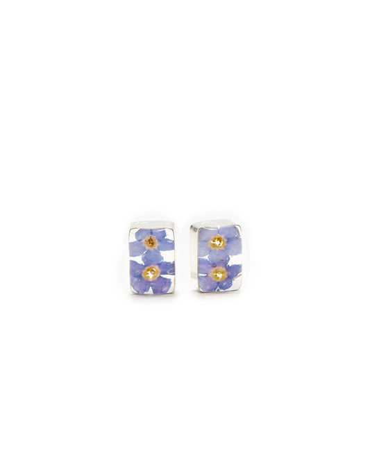 Rectangle Post Earrings - Sterling Silver, Resin & Preserved Forget-Me-Not Flowers