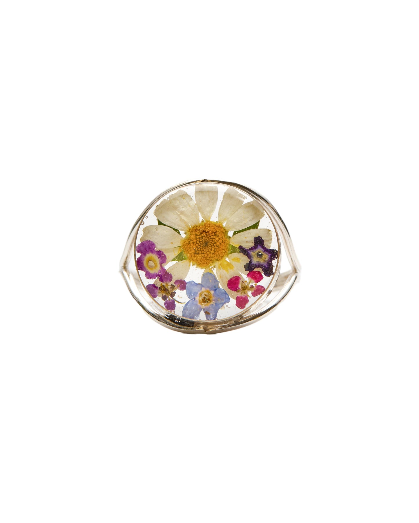 Round Sterling Silver Statement Ring - Daisy with Mixed Flowers