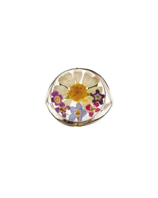 Round Sterling Silver Statement Ring - Daisy with Mixed Flowers