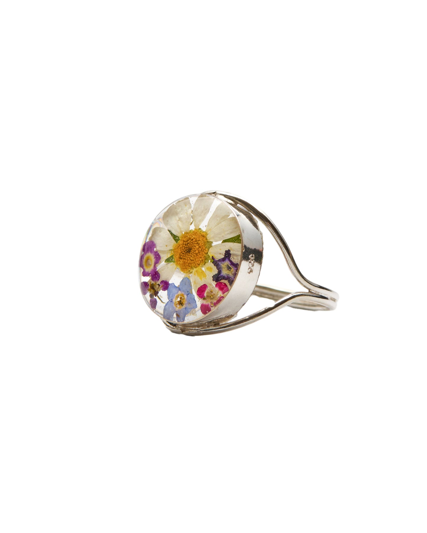 Round Sterling Silver Statement Ring - Daisy with Mixed Flowers