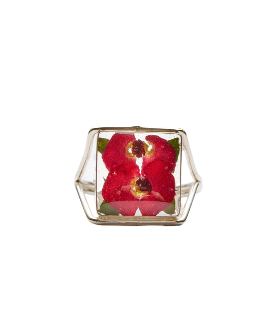 Square Sterling Silver Statement Ring - Red Crown of Thorns Flowers