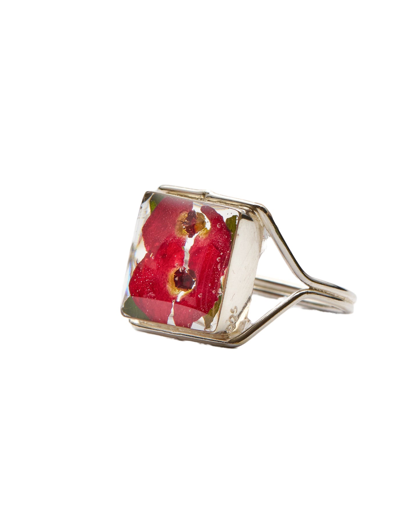 Square Sterling Silver Statement Ring - Red Crown of Thorns Flowers